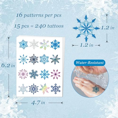 15 Pcs Winter Snowflake Temporary Tattoos, Festive Tattoo Stickers in Various Styles Party Gathering, Dance & Celebration Decorations, Holiday Present for Women Men Girls Boys Kids