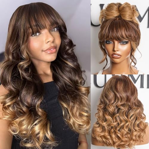 LUVME 7x6 HD Lace Wig with Bangs, 200% Density, Body Wave, Ombre Blonde, Glueless, 16 Inch