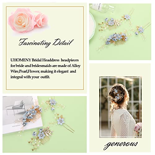 UHOMENY 4PCS Wedding Hair Pins, Bridal Pearl Hair Side Combs Set Floral Leaf Head Piece Hairdecor Accessories Rose Gold Rhinestone Handmade Bridesmaid Hair Clip Crystal Headpiece Set for Women Girls