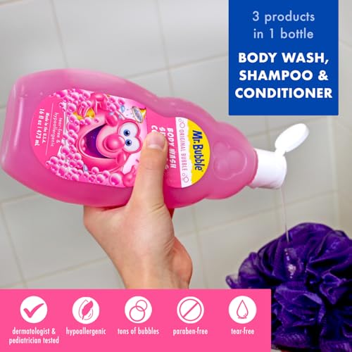 Mr. Bubble Kids Original 3in1 Shampoo, Conditioner, Body Wash ? Hypoallergenic, Tear Free Bubble Gum Scented, Creates Big Bubbles In The Tub And Shower (Pack Of 2 Bottles, 16 fl oz Each)