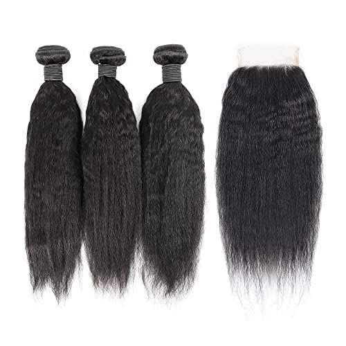 Human Hair 3 Bundles With Closure 10A Brazilian Virgin Hair Short Weave with 4x4 Middle Part Half Hand Tied Lace Closure Natural Color (kinky straight, 121212+10)