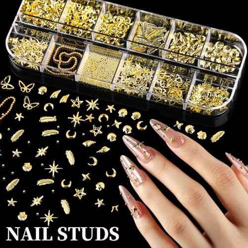 FANDAMEI Gold Nail Gems, 3D Star Nail Charms, Flatback Pearls White Beige, Half Round Silver and Gold Nail Charms, Mixed Sizes Pearls for Nails, Metal Nail Beads, 3D Metallic Nails Art Studs
