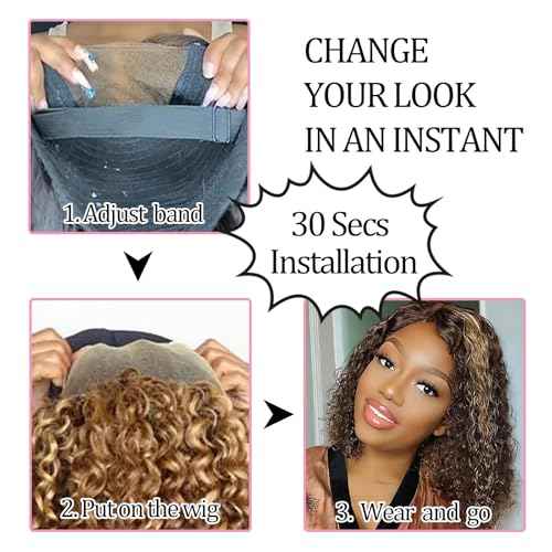 Highlight Ombre Honey Blonde Curly Bob 4x4 Lace Wig Deep Wave Wigs Pre Plucked Pre Cut Bleached Knots 10 Inch Wear And Go Glueless for Woman Pre Plucked With Baby Hair for Black Women