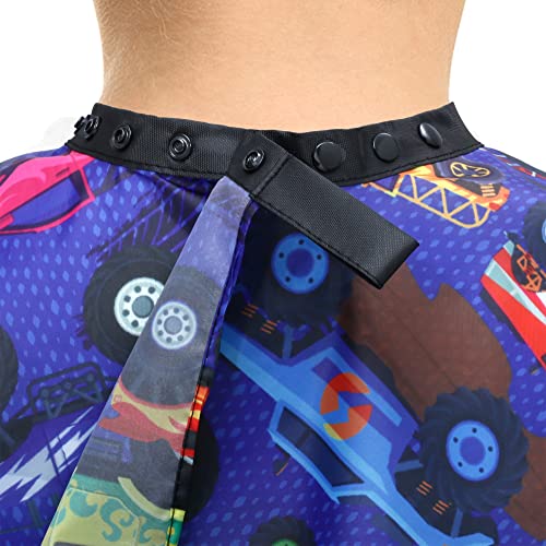 Kids Barber Cape for Haircut at Home or Salon - Adjustable Neck with Snaps, Monster Truck Design