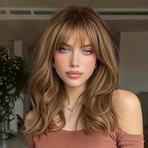 Lativ Brown Highlight Layered Wig with Bangs - 4x4 Natural Scalp