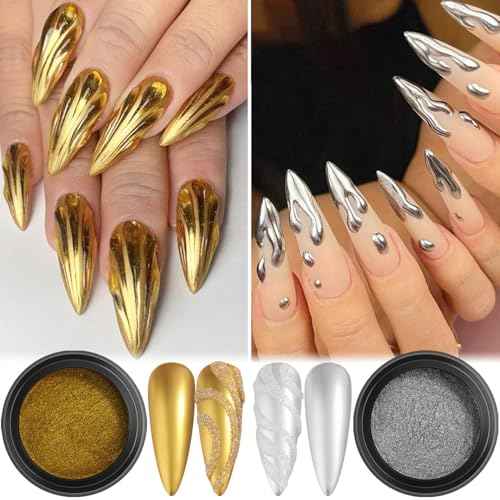 Chrome Nail Powder Set 12 Colors Gold Silver Bronze Chrome Powder for Nails Metallic Nail Glitter Red Green Blue Mirror Rub Pigment with 2PCS Extra Fine White Sugar Powder Nail Design