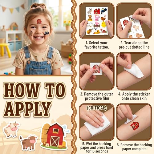Farm Animal Temporary Tattoos, 96 PCS (8 Sheets) for Kids