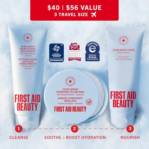 First Aid Beauty Dry Skin Rescue Kit - Hydrating Skincare Routine Set with Face Cleanser, Hydrating Facial Pads & Ultra Repair Cream Face Moisturizer
