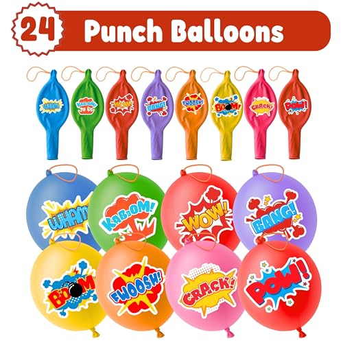 72 PCS Hero Party Favors ? 48 Pre-Cut Temporary Tattoos & 24 Hero Punch Balloons Themed Birthday Party Decorations Supplies Favors Gifts Goodie Bag Fillers Classroom Rewards for Boys Girls