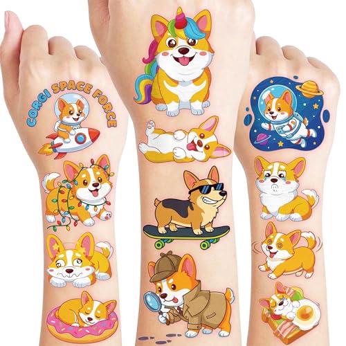96 PCS Corgi Temporary Tattoos for Kids - Pre-Cut