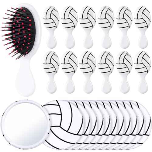 24 Pcs Volleyball Gifts for Team Bulk Include 12 Volleyball Air Cushion Hair Brush and 12 2.76 Inch Compact Mirror Round Makeup Mirror for Girl Player