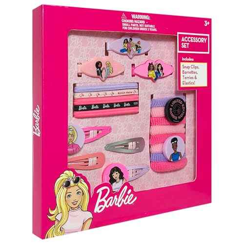 Luv Her Girls' Hair Accessories Set - 20 Pack Featuring Barbie - Includes 3 Barrettes, 4 Snap Clips, 5 Elastics, 8 Terry Ponies - Everyday Wear, Special Occasions, Ages 3+