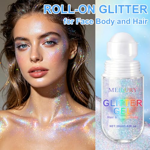 2PCS Rainbow Holographic Roll-On Body & Hair Glitter Gel for Face & Festivals