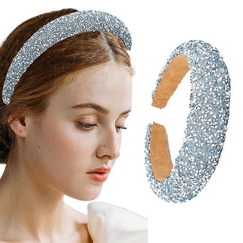 Sinalty Rhinestone Wide Headbands Bling Crystal Beaded Headband Blue Padded Hairbands Handmade Fashionable Bling Prom Hair Accessories for Women (Blue)