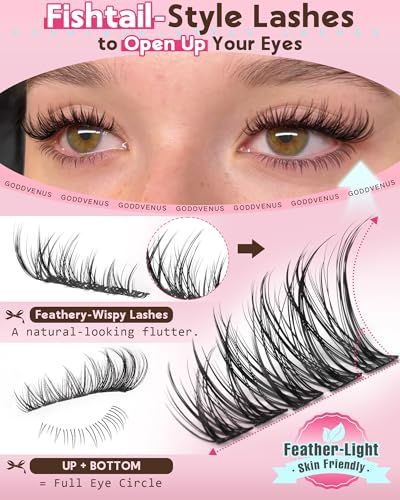 Goddvenus V-natural Clusters Eyelash Extension Kit with Bottom Lashes, 250Pcs Wispy C Curl DIY Fake Lashes