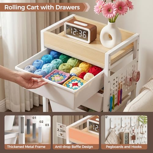 Time Forest White 6-Tier Rolling Cart with 5 Drawers, Wooden Top & Pegboards