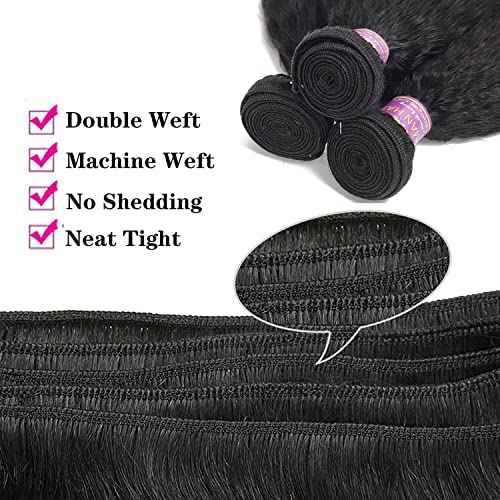 Kinky Straight Human Hair 3 Bundles 10 12 14 Inch Natural Black Yaki Straigh Brazilian Virgin Remy Hair Unprocessed Kinky Straight Human Hair Extensions (10 12 14 Inch, 3 Bundles)