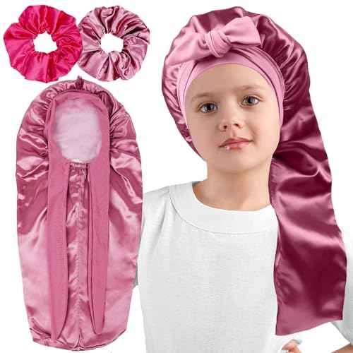 Long Kids Bonnets for Girls,Double Layer Satin Bonnet for Sleeping Kid,Bonnet for Girl Braids Long Hair Rose Gold