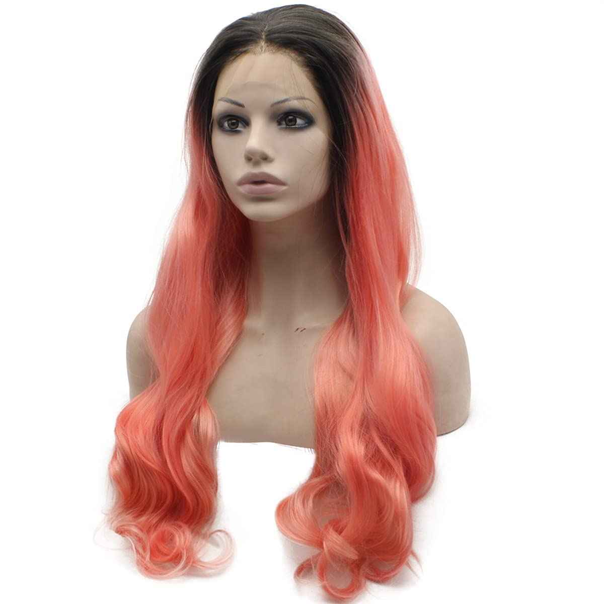 MX angel Long Black Roots Pink Hand Tied Synthetic Wig Lace Front Heat Resistant Fiber Hair