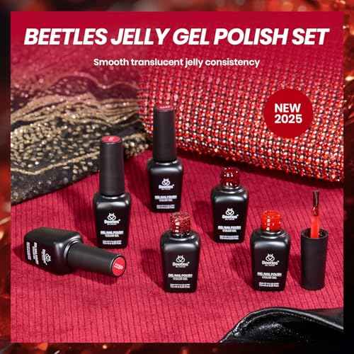 Beetles Red Jelly Gel Nail Polish Set - Luminous Ruby Jelly Gel Polish, 6 Colors Christmas Burgundy Gel Nail Kit Sheer Red Neutral Translucent Effect Soak off UV DIY Salon Manicure Gift for Women