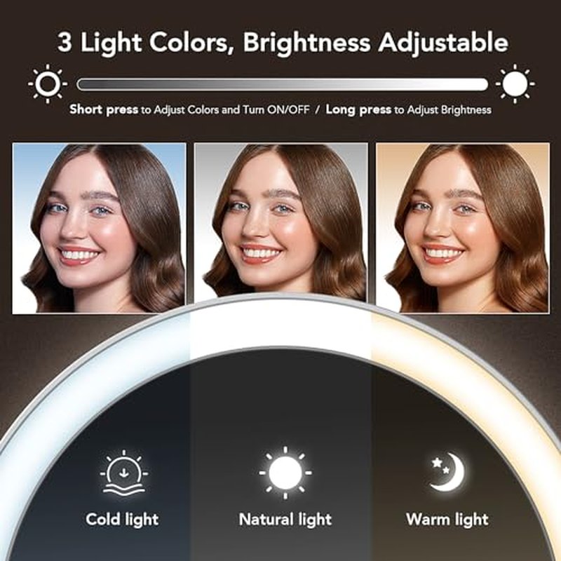 LitBear Travel Makeup Mirror with Lights, Rechargeable Double-Sided 10X/1X Magnifying Mirror, Portable Lighted Beauty Mirror, 3 Color Lighting, Dimmable Touch Screen, Tabletop Handhold Hanging (White)