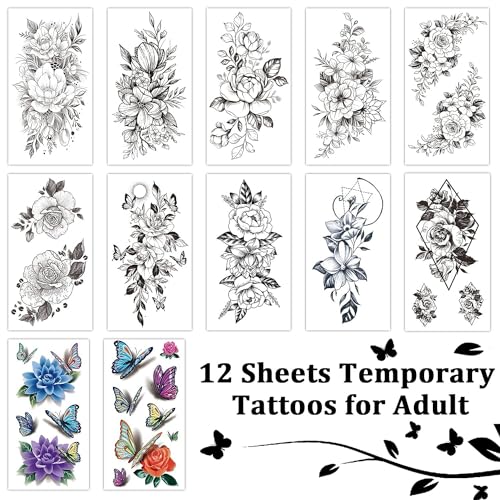 Cerlaza Temporary Tattoo Stickers for Women - 12 Sheets Flower & Butterfly