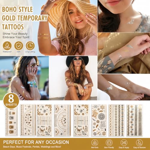 Gold Metallic Temporary Tattoos - 8 Sheets, 100+ Designs