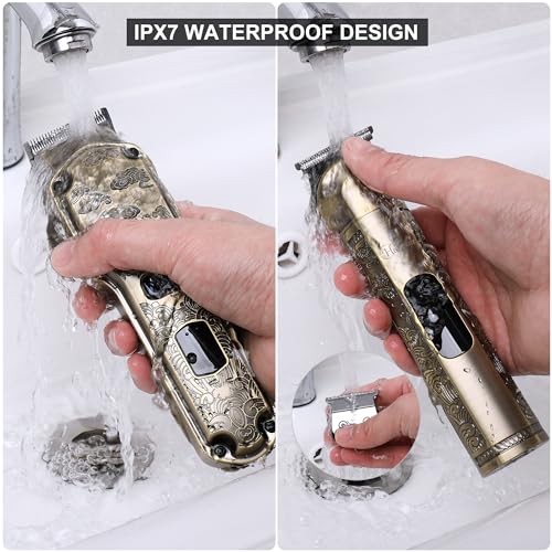 Hatteker Bronze Professional Cordless Hair Clippers & Trimmer Set with T-Blade, Waterproof Grooming Kit