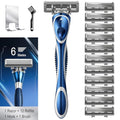 6-Blade Manual Razor for Men with Lubricating Strip, 1 Ergonomic Non-Slip Handle Includes 12pack Razor Blade Refill Cartridges, with Hanging Hook & Cleaning Brush, Full Washable Design