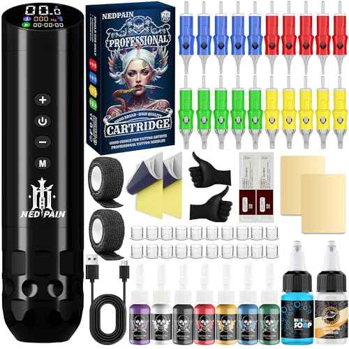 Tattoo Machine Kit OLED tilted screen Direct drive motor 1500mAh battery Fast charge and memory function 20tattoo needles 7colors ink, blue soap transfer gel of complete kit for tattoo artists
