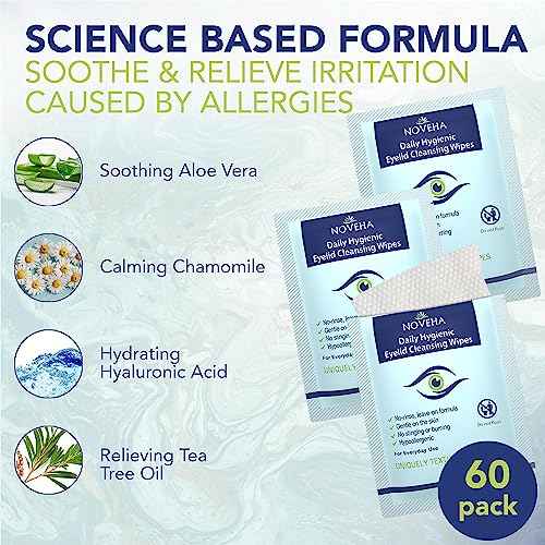 NOVEHA 120Pcs Daily Hygienic Eyelid & Lash Wipes | 120 Individually Wrapped Cleansing Eyelash Wipes - For Blepharitis & Itchy Eyes, Demodex and Natural Makeup Remover & Daily Cleanser (2 Pack)