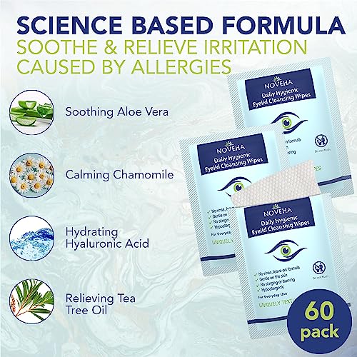 NOVEHA Daily Hygienic Eyelid & Lash Wipes | For Blepharitis & Itchy Eyes, Demodex | Box Of 60 Individually Wrapped Eyelash Wipes, Natural Makeup Remover & Daily Cleanser