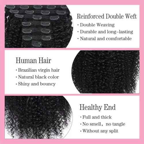 Kinky Curly Clip in Hair Extensions for Women 3C 4A Kinky Curly Clip ins 8pcs 120g/set 10A Brazilian Virgin Hair Extensions 24 Inch Natural Black