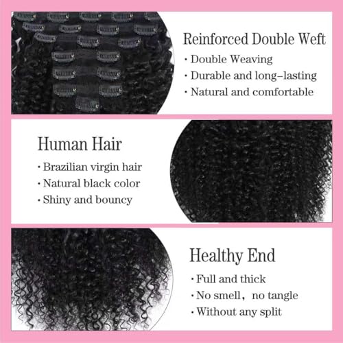 Kinky Curly Clip in Hair Extensions for Women 3C 4A Kinky Curly Clip ins 8pcs 120g/set 10A Brazilian Virgin Hair Extensions 20 Inch Natural Black