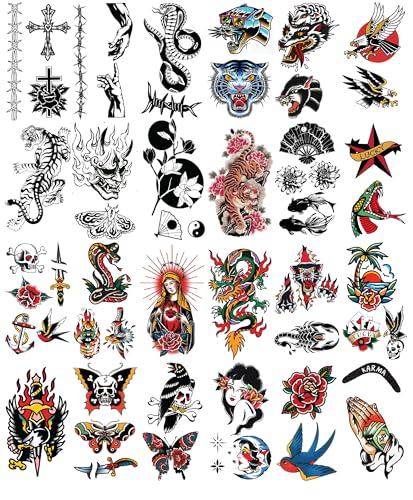 48 Sheets American Traditional Temporary Tattoos - Blackwork Designs