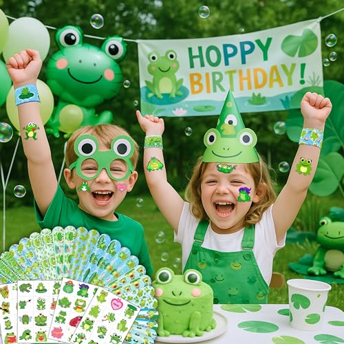 72 PCS Frog Party Favors 48 PCS Temporary Pre-cut Tattoos 24PCS Slap Bracelets Wristbands Perfect for Themed Birthday Baby Showers or Classroom Rewards Ideal Decor and Gifts for Girls and Boys