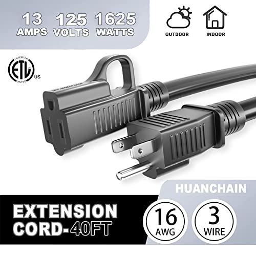 HUANCHAIN Indoor Outdoor Black Extension Cord 40 ft Waterproof, 16/3 Gauge Flexible Cold-Resistant Appliance Extension Cord Outside, 13A 1625W 16AWG SJTW, 3 Prong Heavy Duty Electric Cord, ETL