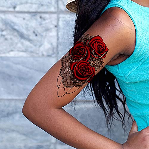 Red Rose Black Lace Temporary Tattoo - 4 Pack Waterproof
