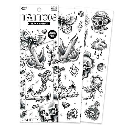 Savvi - 20 Black and Gray Temporary Tattoos: Skin-Safe Ink, Great for Parties and Everyday Wear, Gifts for Teens and Adults, Made in the USA [2 sheets, 20 count]