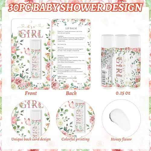 30 Pack Girl Baby Shower Lip Balms Bulk Games Prizes Party Gifts for Guests Friends Colleagues Gender Reveal Favors Decorations Souvenirs Baby Thanksgiving Christmas Gift Bags Stuffers