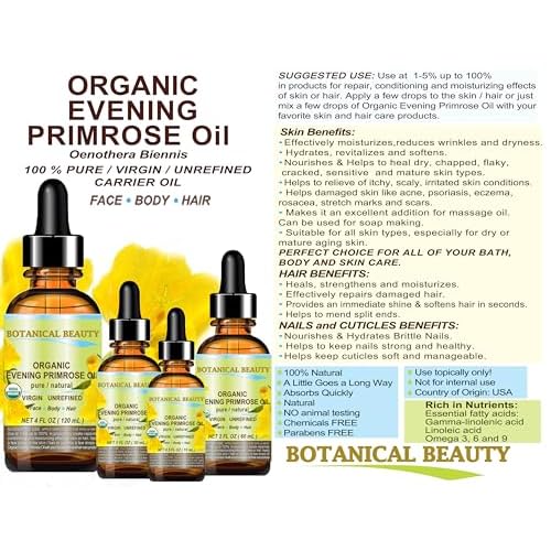 Botanical Beauty Organic EVENING PRIMROSE OIL 100% Pure Natural Undiluted Unrefined Virgin Cold Pressed Carrier Oil. 0.5 Fl.oz.- 15 ml for face, skin, hair, nails
