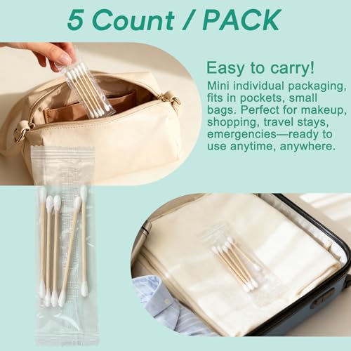Bamboo Cotton Swabs 1000 Count, Individually Wrapped 5-Pack Travel Packs
