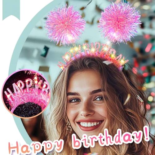 Pink LED Happy Birthday Crown Headband for Women - Glowing Pom Pom Hair Accessory