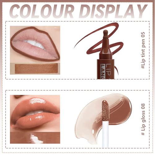 HOSAILY Lip Combo: Mocha Brown Lip Liner + Nude Gloss, Long-Wear Matte Lip Stain