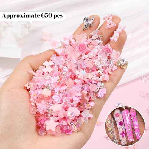 600Pcs Cute 3D Nail Charms and Gems, Pink Rabbit Bow Charms Alloy Butterfly Heart Star Nail Jewels with Nail Rhinestones, Mixed Gold Nail Studs Charms and Glitter Nail Sequins for Nail Design (Pink)