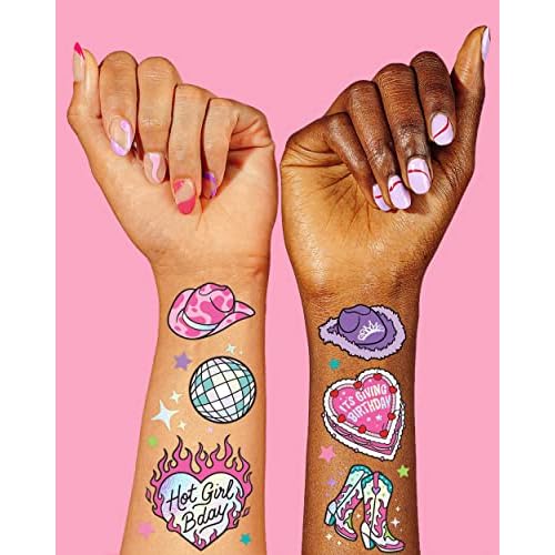 xo Fetti Birthday Decorations Temporary Tattoos - 44 pcs | Fun Bday Girl Party, Older, Wiser, Hotter, HBD, Disco Cowgirl, Hot Girl Bday