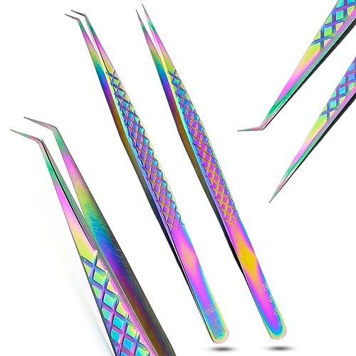 2pcs Curved & Straight Isolation Tweezers for Eyelash Extensions ? 14cm Japanese Stainless Steel, Diamond Grip Non Slip Grip, Rainbow Set, Best for Classic & Individual Lashes