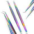 2pcs Curved & Straight Isolation Tweezers for Eyelash Extensions ? 14cm Japanese Stainless Steel, Diamond Grip Non Slip Grip, Rainbow Set, Best for Classic & Individual Lashes