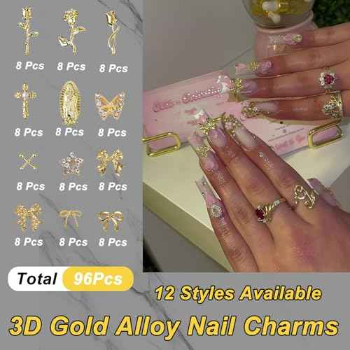 96PCS 3D Nail Charms - Gold Alloy Bow, Rose,Butterfly,Cross,Star,Virgin Mary & Coin Charms, Shiny Nail Rhinestones for Nail Art, Manicure, DIY Jewelry Making£¨96pcs£©