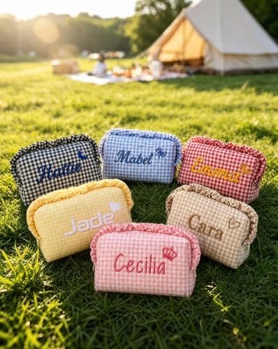 Personalized Ruffled Plaid Makeup Bag - Custom Name Cosmetic Pouch